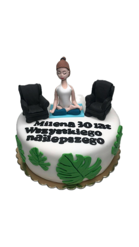 Tort z kobietą, joga, liście monstery